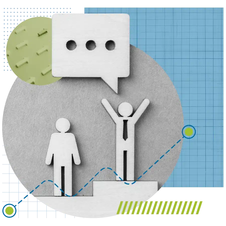 collage with the focus on two wooden figures, one stands above the other with its arms raised and a speech bubble over its head