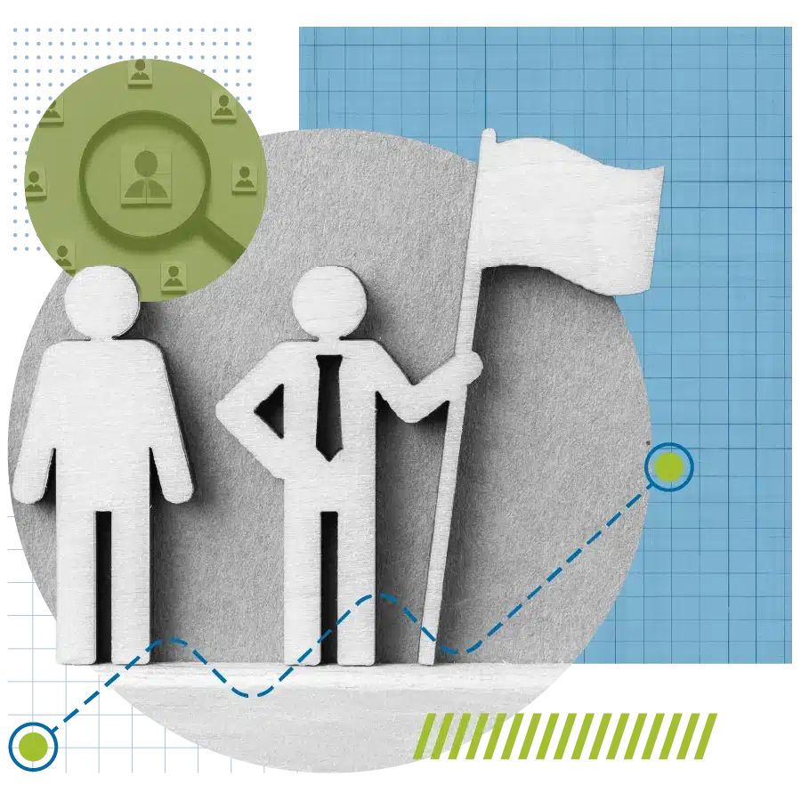 graphic collage that primarily focuses on wooden figures, one holding a flag that breaks out of the circle the image is in