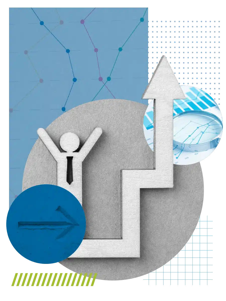 collage with a focus on a wooden figure that stands with its arms up on an upward pointing arrow